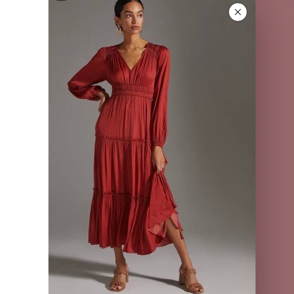 Anthropologie Rust Red Pleated Smocked Tiered Maxi Dress Boho Romantic M
